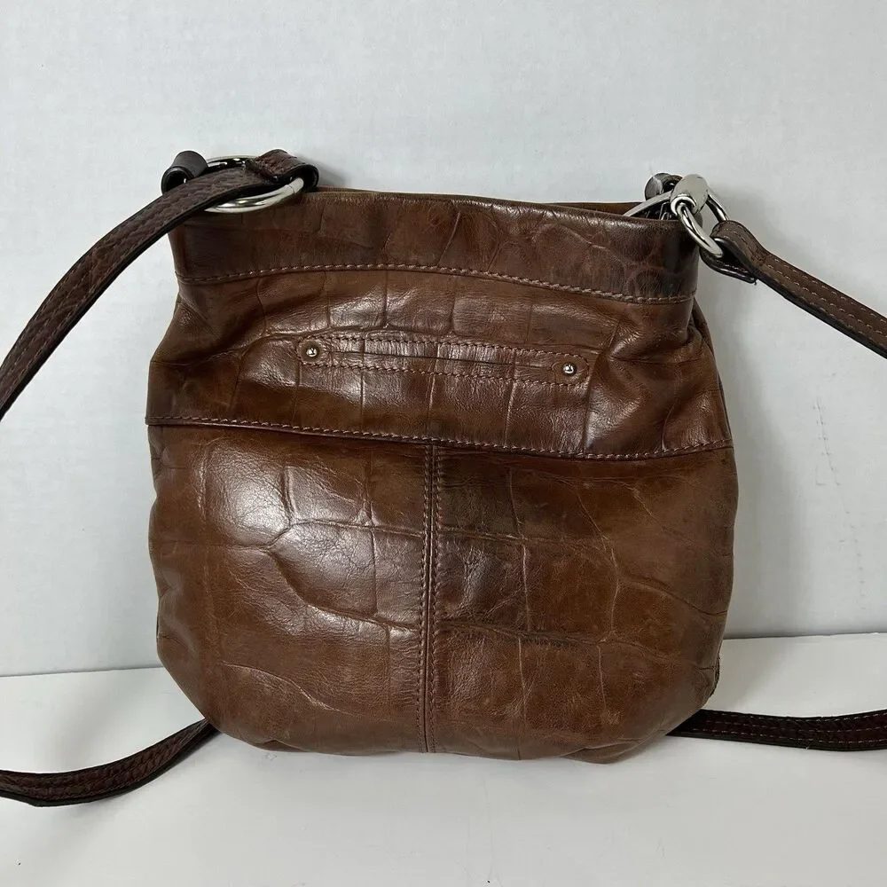 B. Makowsky Women's Cognac Brown Croco Embossed Leather Studded Crossbody Bag - Picture 4 of 12